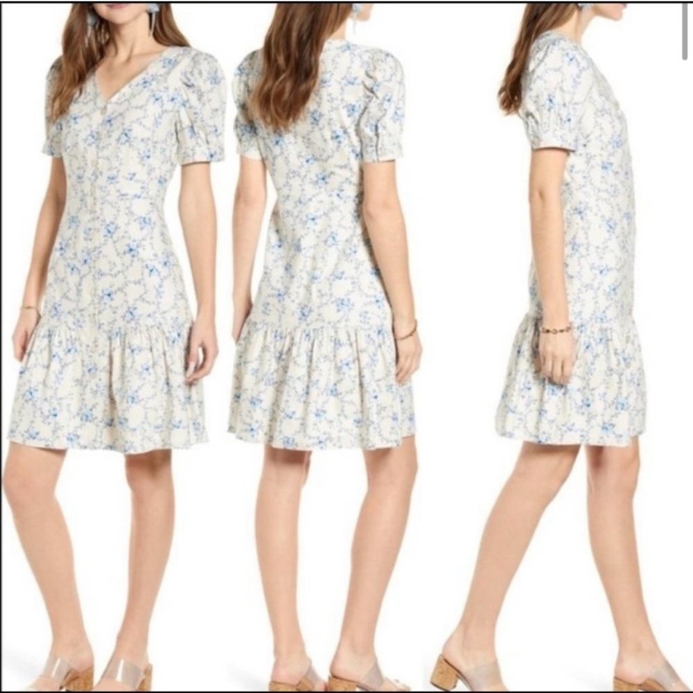 Rachel Parcell Woman's Sz M White Flirty Easy Linen Dress w/ Blue Florals
